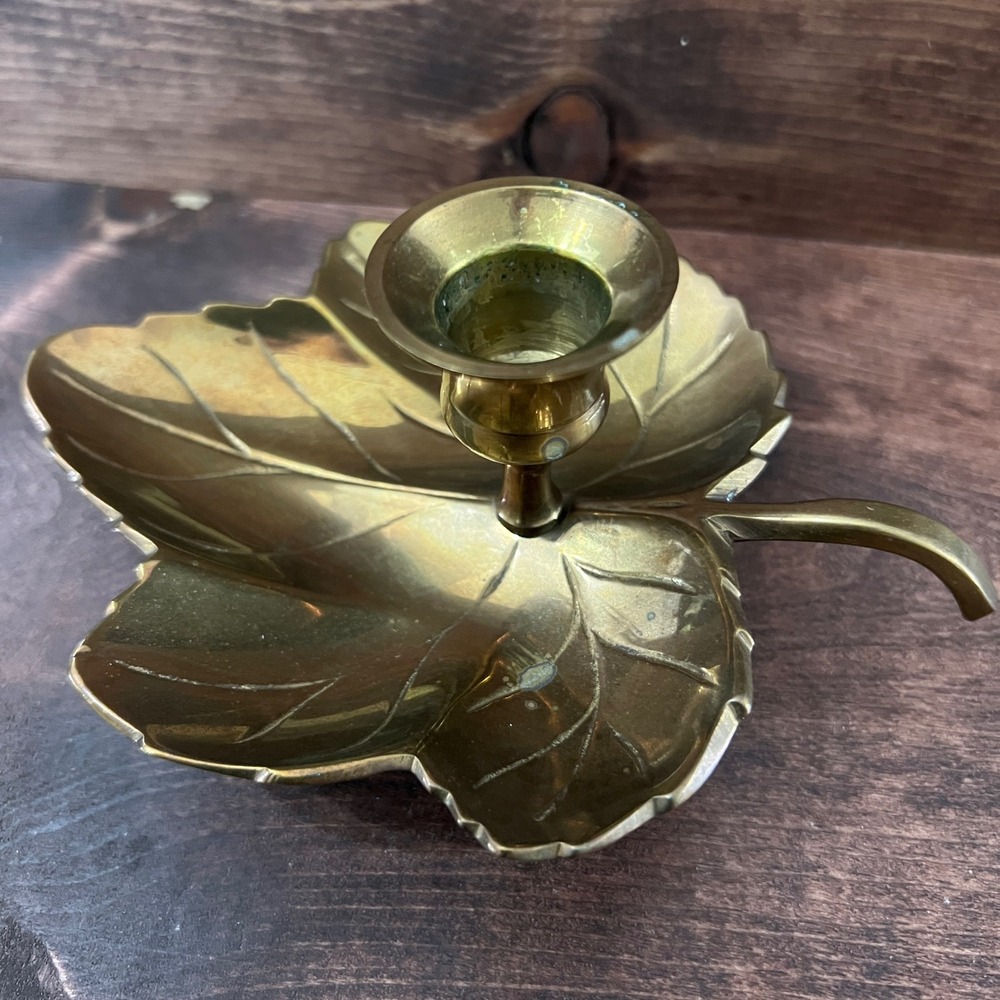 Vintage Brass Leaf Chamberstick Candle Holder India Taper Handle Ball Feet 6in